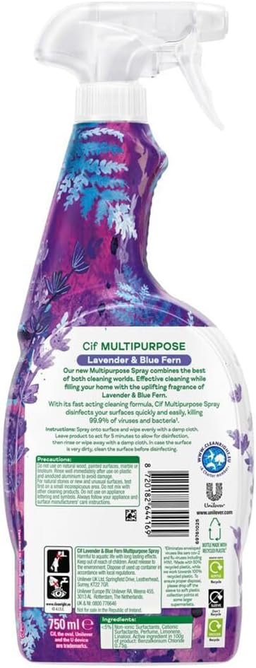 Cif Multipurpose Spray Lavender Blue Fern 750ml pack of 1 Antiseptic Hygiene Surface Kitchen Bathroom Cleaner Disinfectant with Welari Thank You Card | (1pack) (750ml)-4