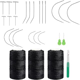 Kyzistn Needle and Thread for Weave,3 Rolls Hair Weave Sewing Threads with 21Pcs C J I T Shape Curved Upholstery Needles for Making Wigs DIY,Clips Hair Extensions