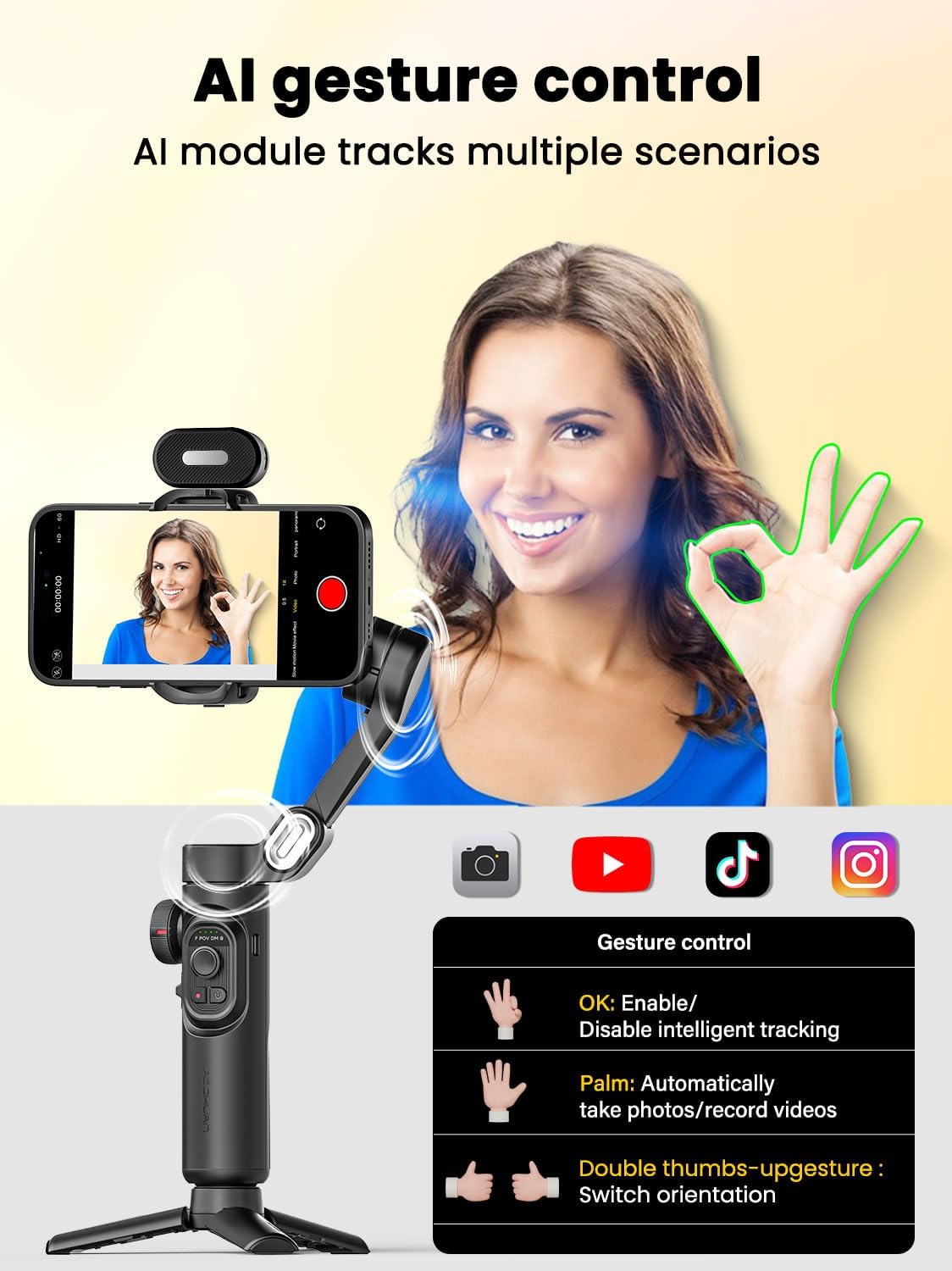 XE AI Version, Gimbal Stabilizer for Smartphone, NO APP AI Tracking, gesture control, Inception gimbal with TikTok YouTube, 3-Axis Foldable gimbal stabilizer for iphone& Android-2