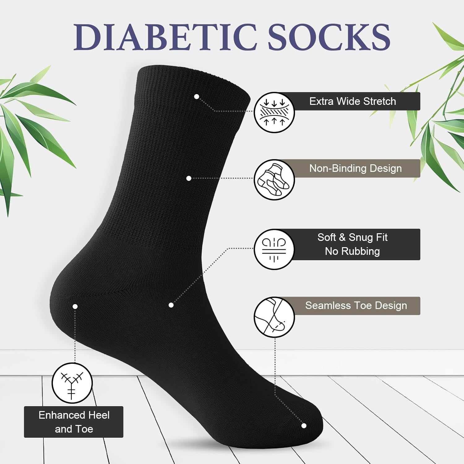 Niorasen Mens Extra Wide Loose Diabetic Socks,3 Pairs Mens Bamboo Socks for Swollen Feet & Legs, Elastic Soft Top Socks Breathable Seamless Socks-1