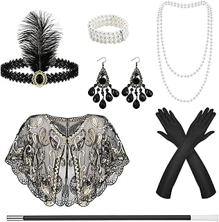 TOPBELIEF 7PCS 1920s Accessories for Women Roaring 20s Theme Set Gatsby Costume 20s Fancy Dress 1920s Burlesque with Gloves Hairband Necklace Earrings Bracelet Shawl for Dance Halloween Party