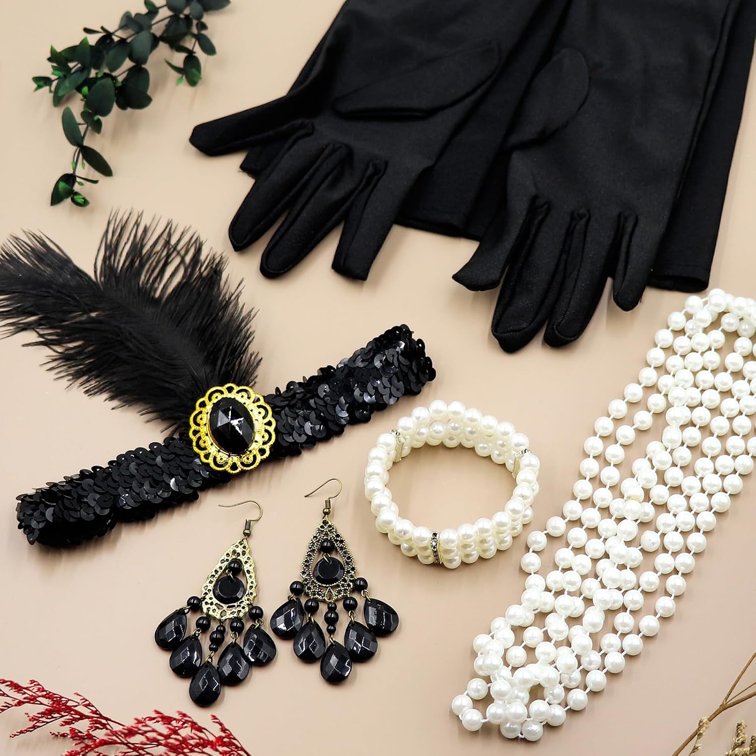 TOPBELIEF 7PCS 1920s Accessories for Women Roaring 20s Theme Set Gatsby Costume 20s Fancy Dress 1920s Burlesque with Gloves Hairband Necklace Earrings Bracelet Shawl for Dance Halloween Party-5