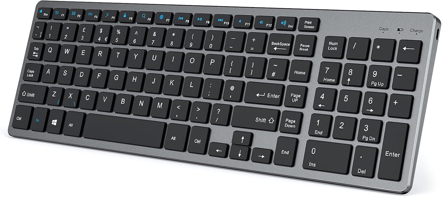 Seenda Wireless Rechargeable Keyboard UK Layout, Slim and Compact with Number Keypad for PC Laptop Computer, Black and Dark Grey-0