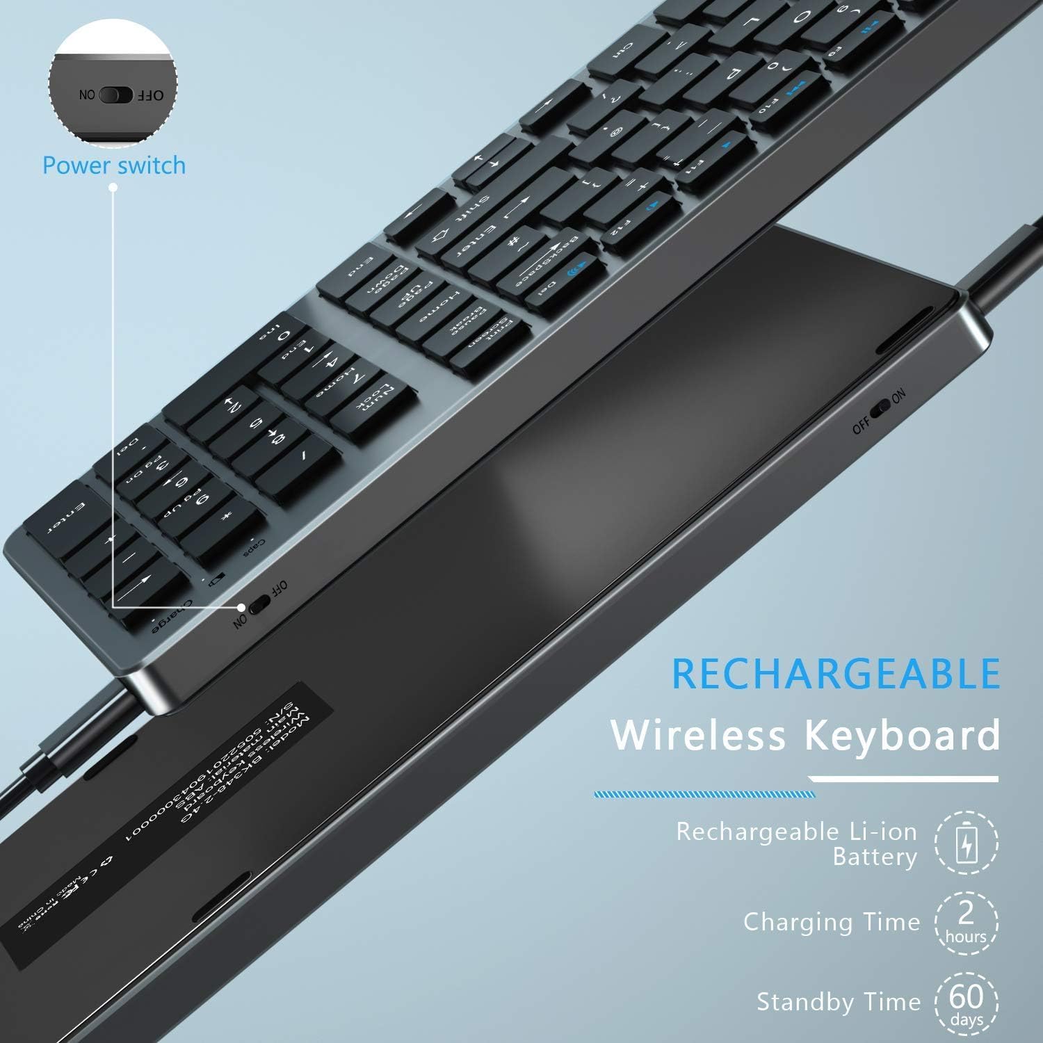 Seenda Wireless Rechargeable Keyboard UK Layout, Slim and Compact with Number Keypad for PC Laptop Computer, Black and Dark Grey-2