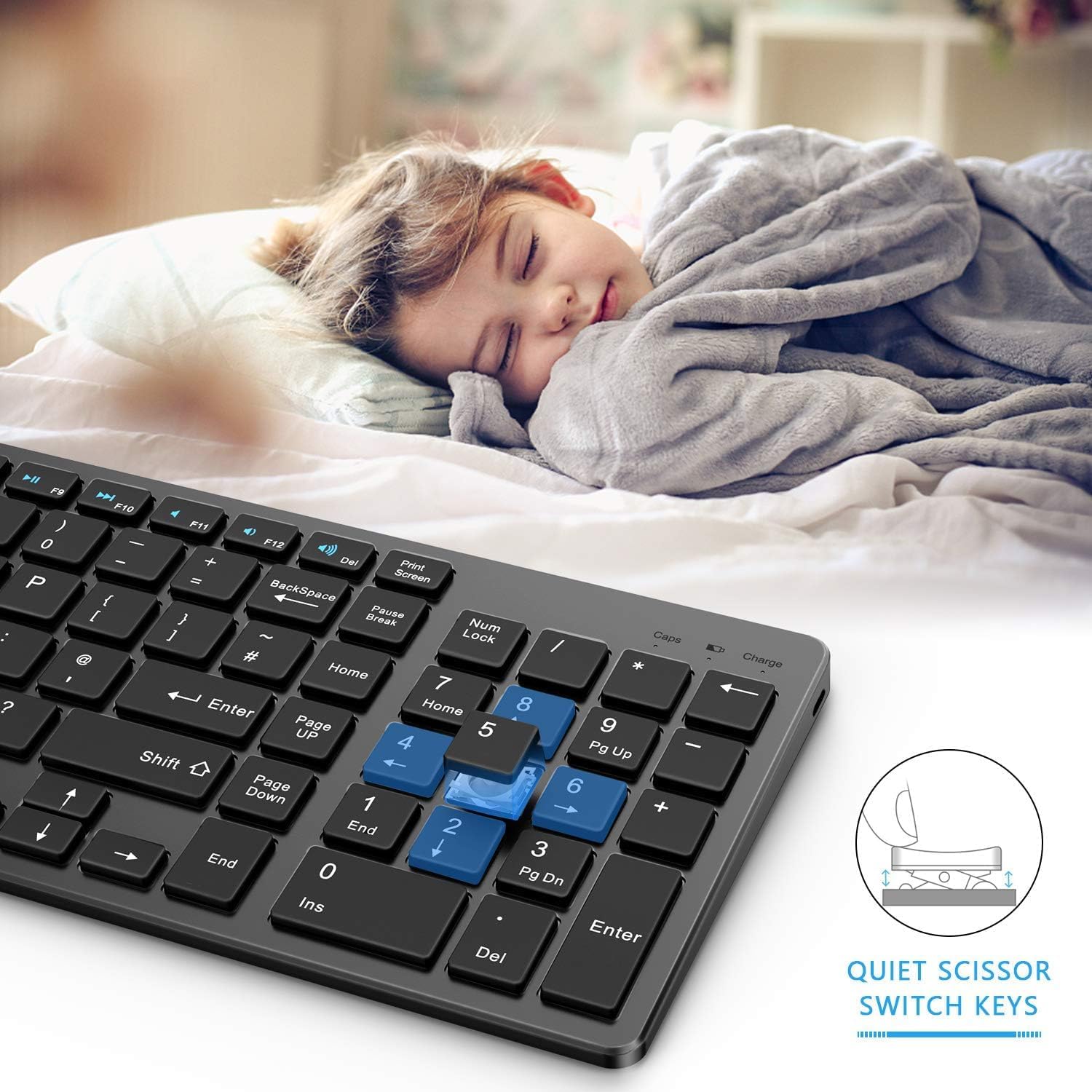 Seenda Wireless Rechargeable Keyboard UK Layout, Slim and Compact with Number Keypad for PC Laptop Computer, Black and Dark Grey-3