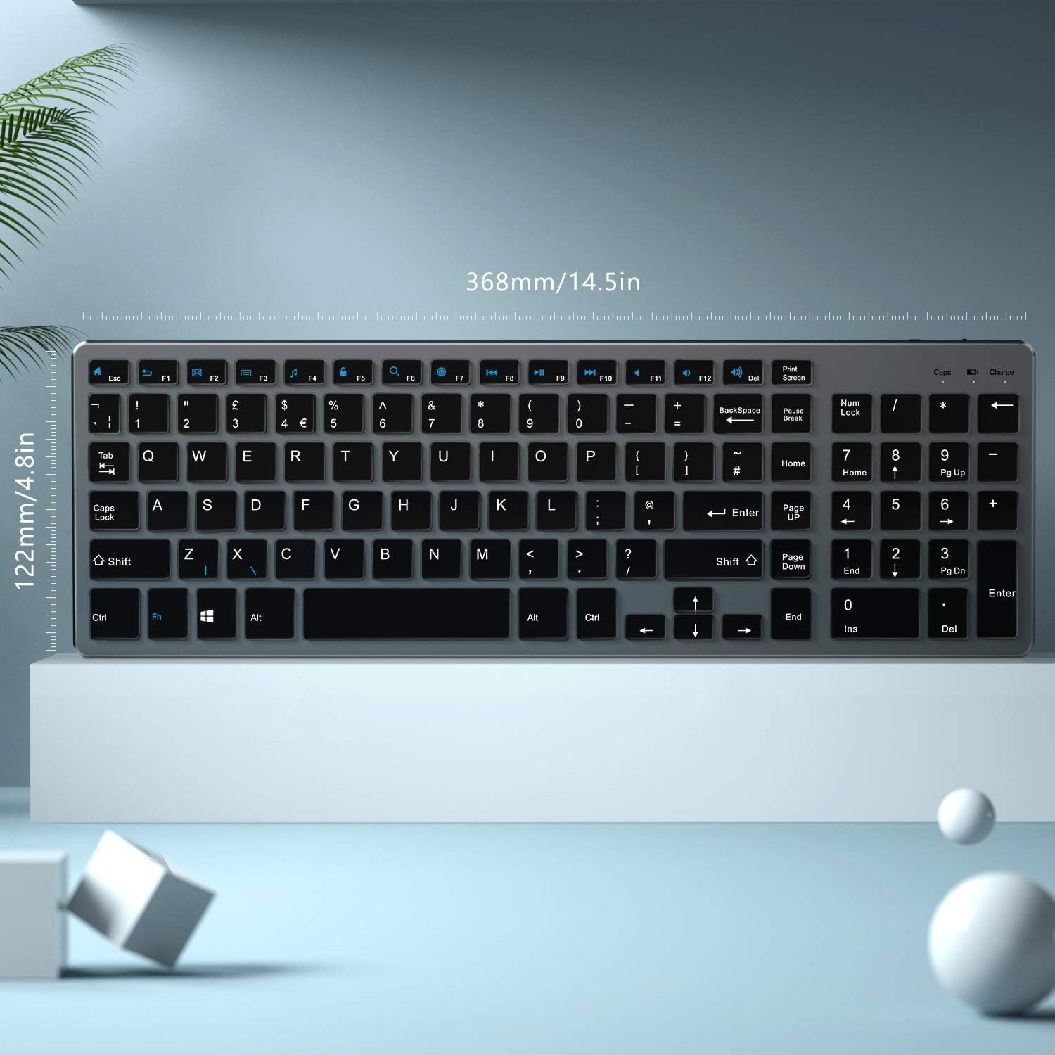 Seenda Wireless Rechargeable Keyboard UK Layout, Slim and Compact with Number Keypad for PC Laptop Computer, Black and Dark Grey-5