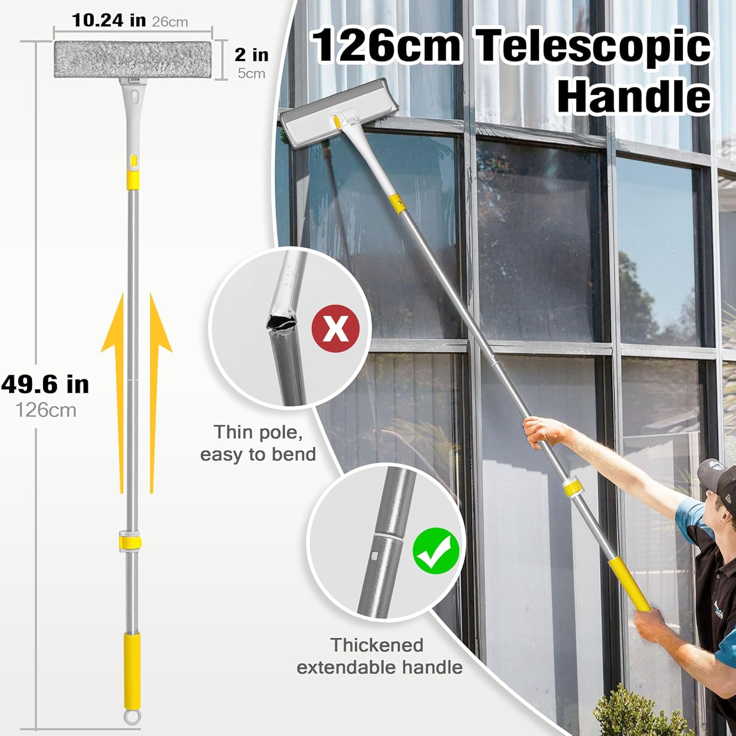 JEHONN Window Cleaning Equipment with 126 cm Telescopic Handle, Extendable Professional Windshield Cleaner Kit, Scraper and Microfiber Pad Combo for Glass Wall Car Home Kitchen-3