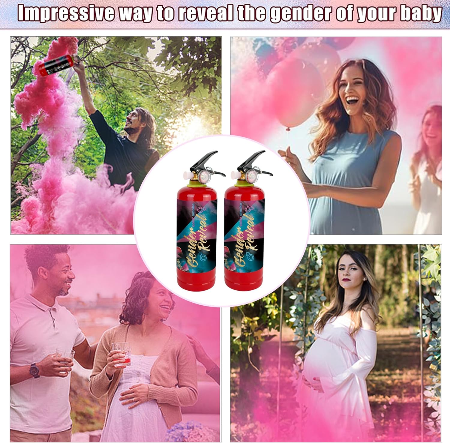 Gender Reveal Smoke Cannons, Pink Gender Reveal Fire Extinguisher Smoke Bombs, Party Supplies, Launches up to 26ft, Giant (1.3LB) for Celebrations, Festivals, and Parties, 2 Pack-6