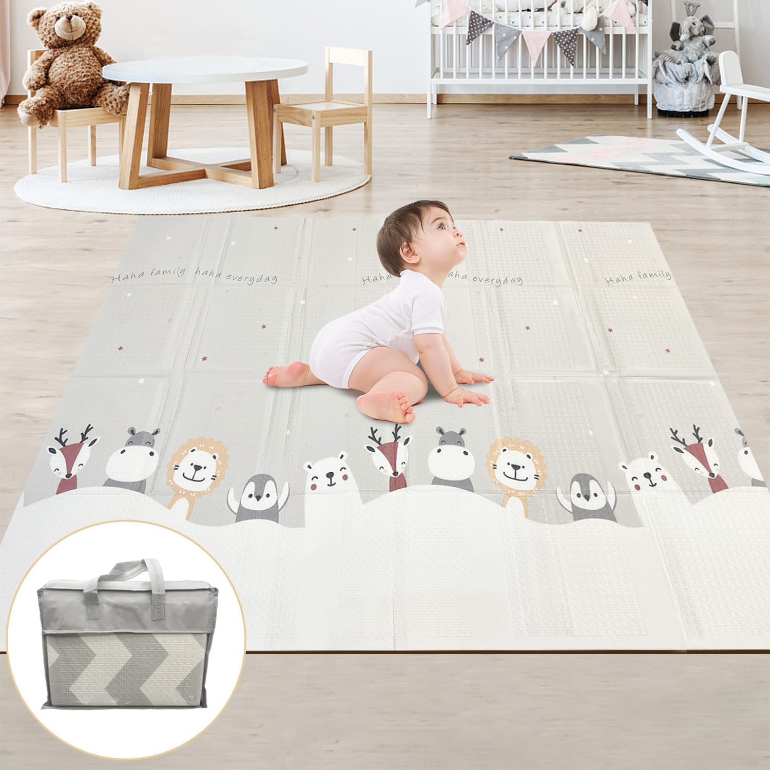 Foldable Play Mat, Play Mats for Floor, 150 x 180 x 1 cm Large Play Mat for Baby with Carry Bag, Waterproof XPE Foam Play Mat for Kids, Soft Folding Wipeable, Indoor Outdoor Playing Mat-0