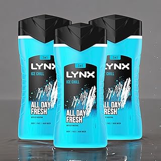 3 Pack of 225ml Lynx 3-in-1 Ice Chill All Day Fresh with Icy Menthol Body wash Wash, 225ml with Plant-based Moisturisers Dermatologically Tested, Keep Smelling Irresistible!