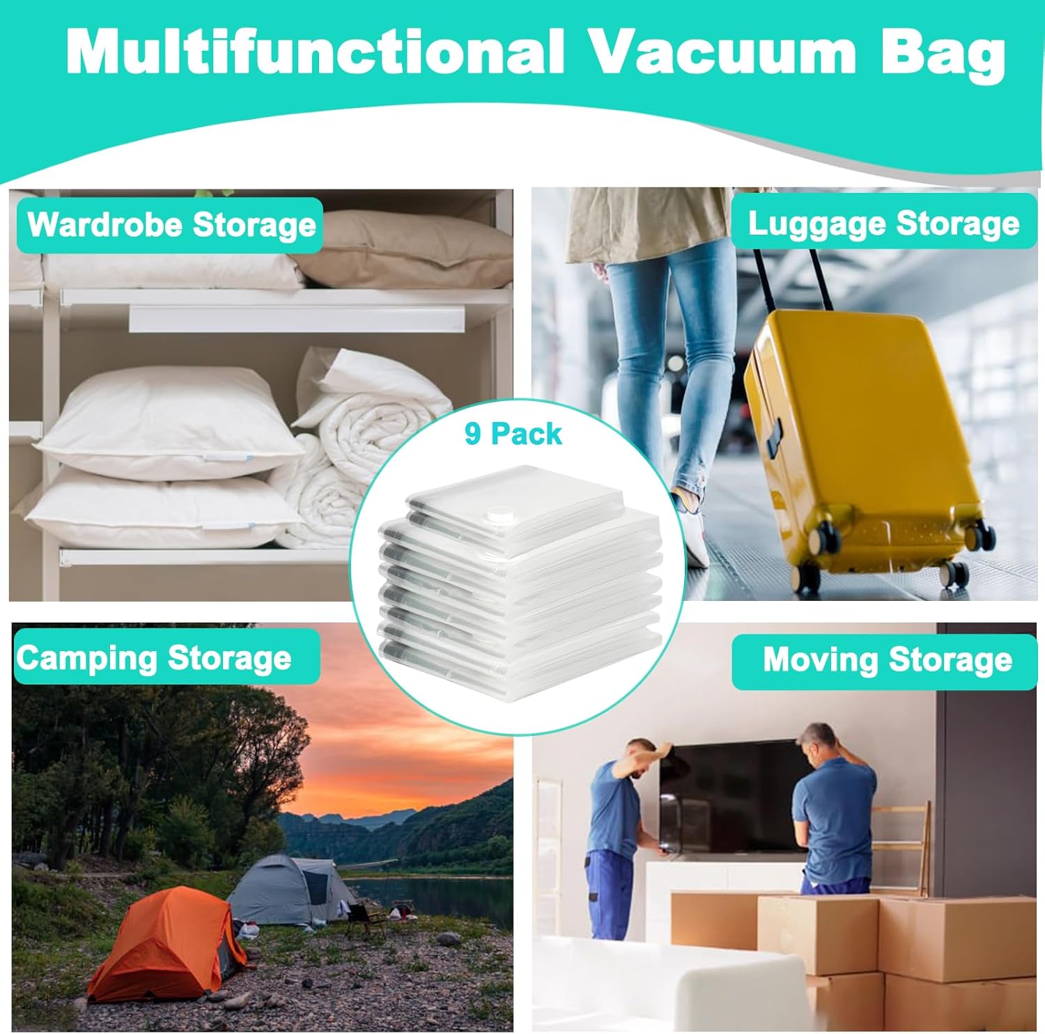 Space Saver Bags, Vacuum Storage Bags, 9 Combo Jumbo Airtight Compression Zipper Sealer Bags, Reusable Large Storage for Clothes Duvets Comforters Beddings Blankets and Pillows, Hand Pump Included-6