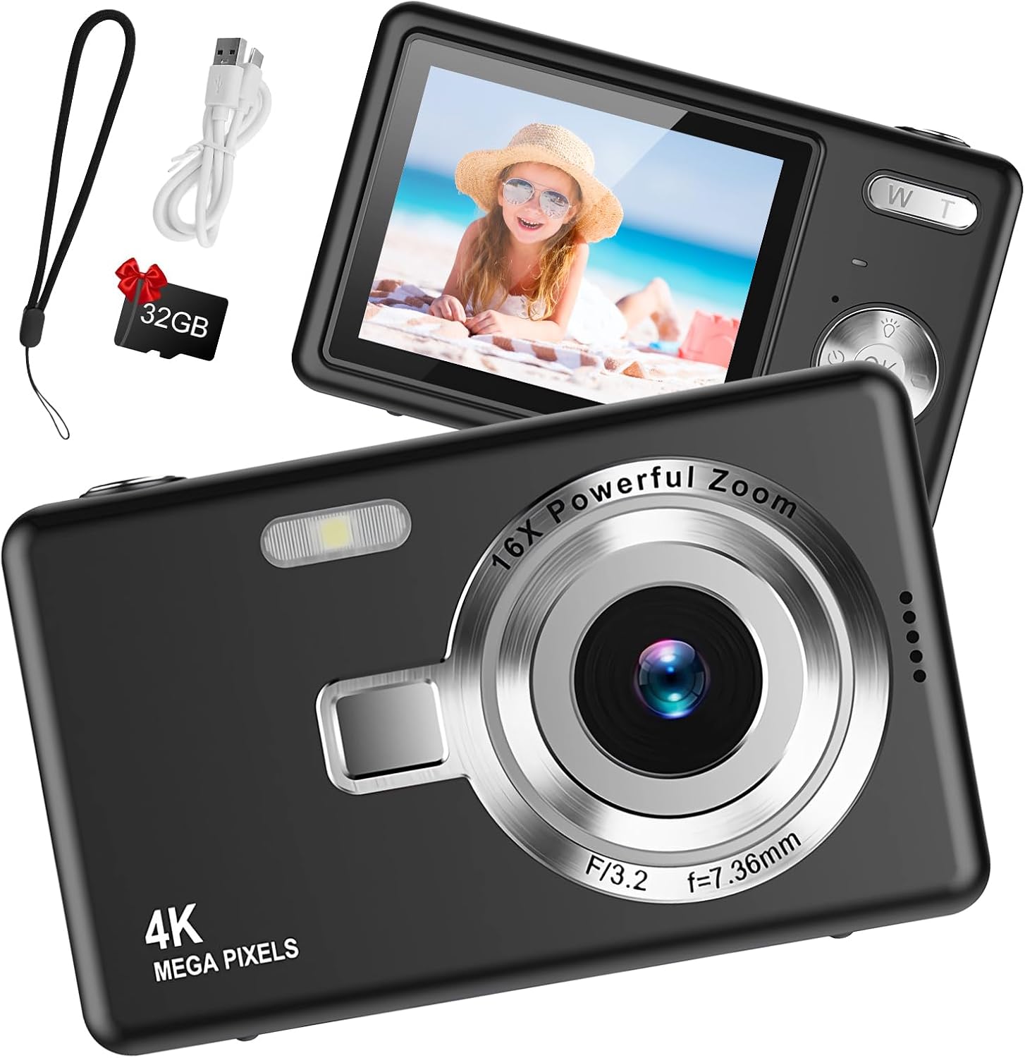 Digital Camera 1080P FHD Compact Camera 44MP Camera with 2.4" LCD Screen,16X Digital Zoom Simple Vlogging Camera Portable Digital Camera with 32gb SD Card for Kids Teen Students Beginner (Black)-0