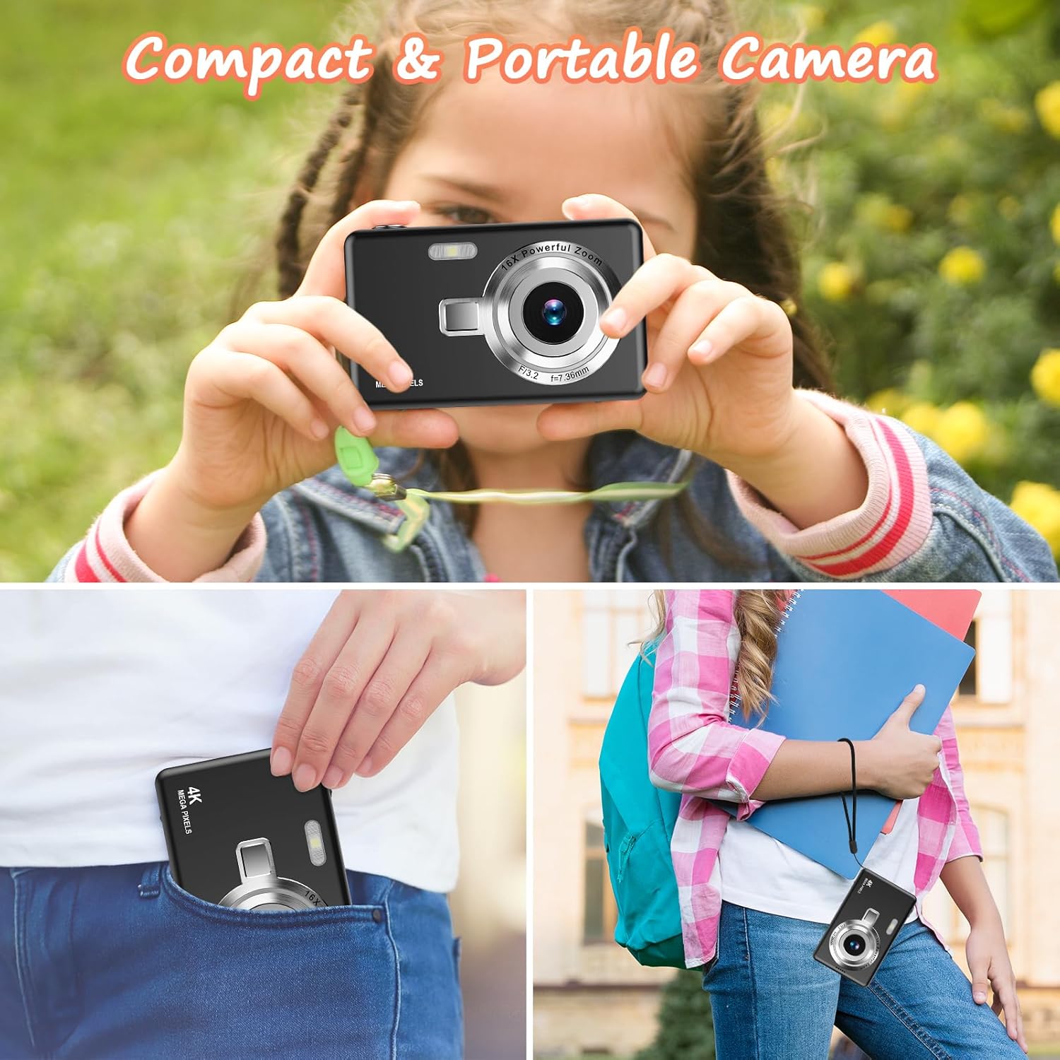 Digital Camera 1080P FHD Compact Camera 44MP Camera with 2.4" LCD Screen,16X Digital Zoom Simple Vlogging Camera Portable Digital Camera with 32gb SD Card for Kids Teen Students Beginner (Black)-5