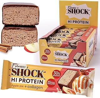 FitnesSHOCK High-Protein Bars - Apple pie & cinnamon, 30% Protein, Low Carb, No Added Sugar, 5g collagen, Fiber-Rich, Low-Calorie, 12x40g