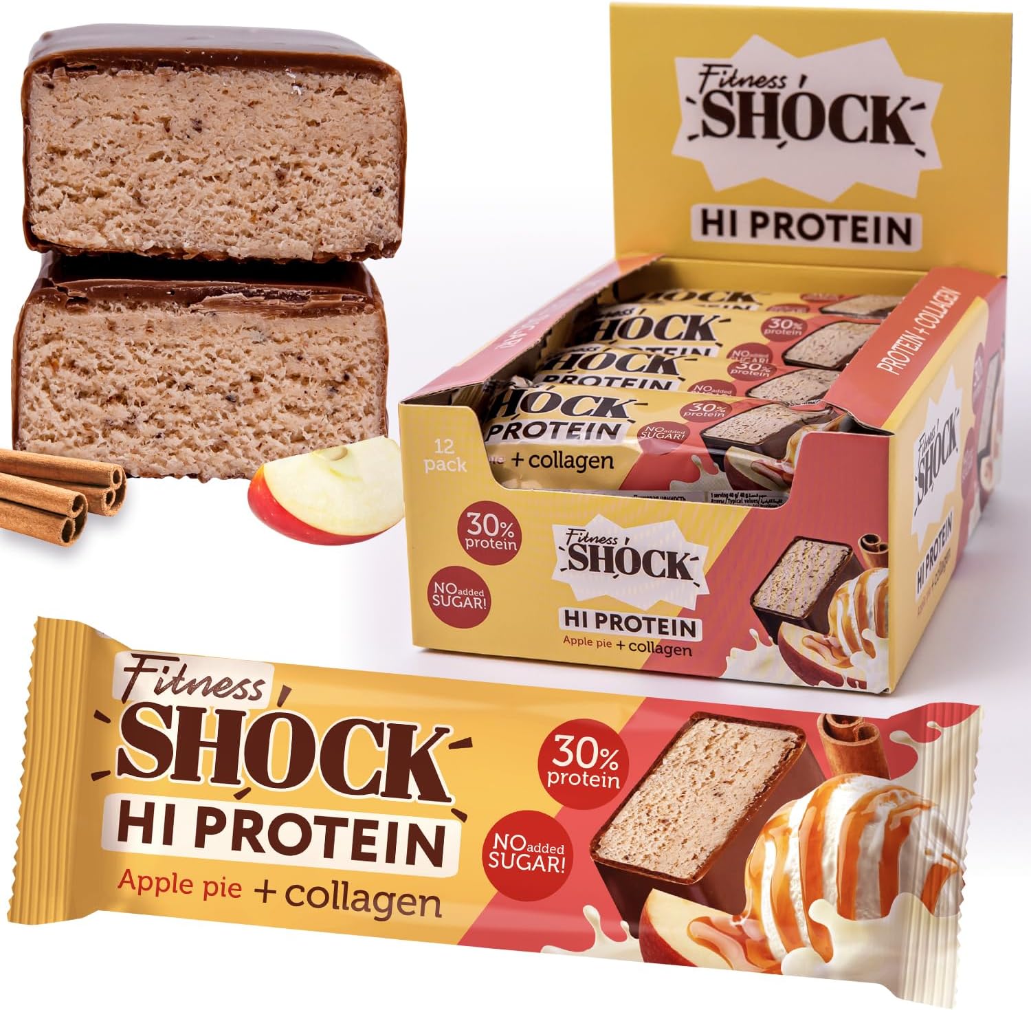 FitnesSHOCK High-Protein Bars - Apple pie & cinnamon, 30% Protein, Low Carb, No Added Sugar, 5g collagen, Fiber-Rich, Low-Calorie, 12x40g-0