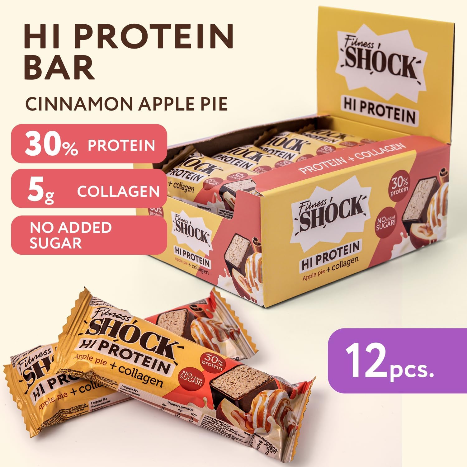 FitnesSHOCK High-Protein Bars - Apple pie & cinnamon, 30% Protein, Low Carb, No Added Sugar, 5g collagen, Fiber-Rich, Low-Calorie, 12x40g-1