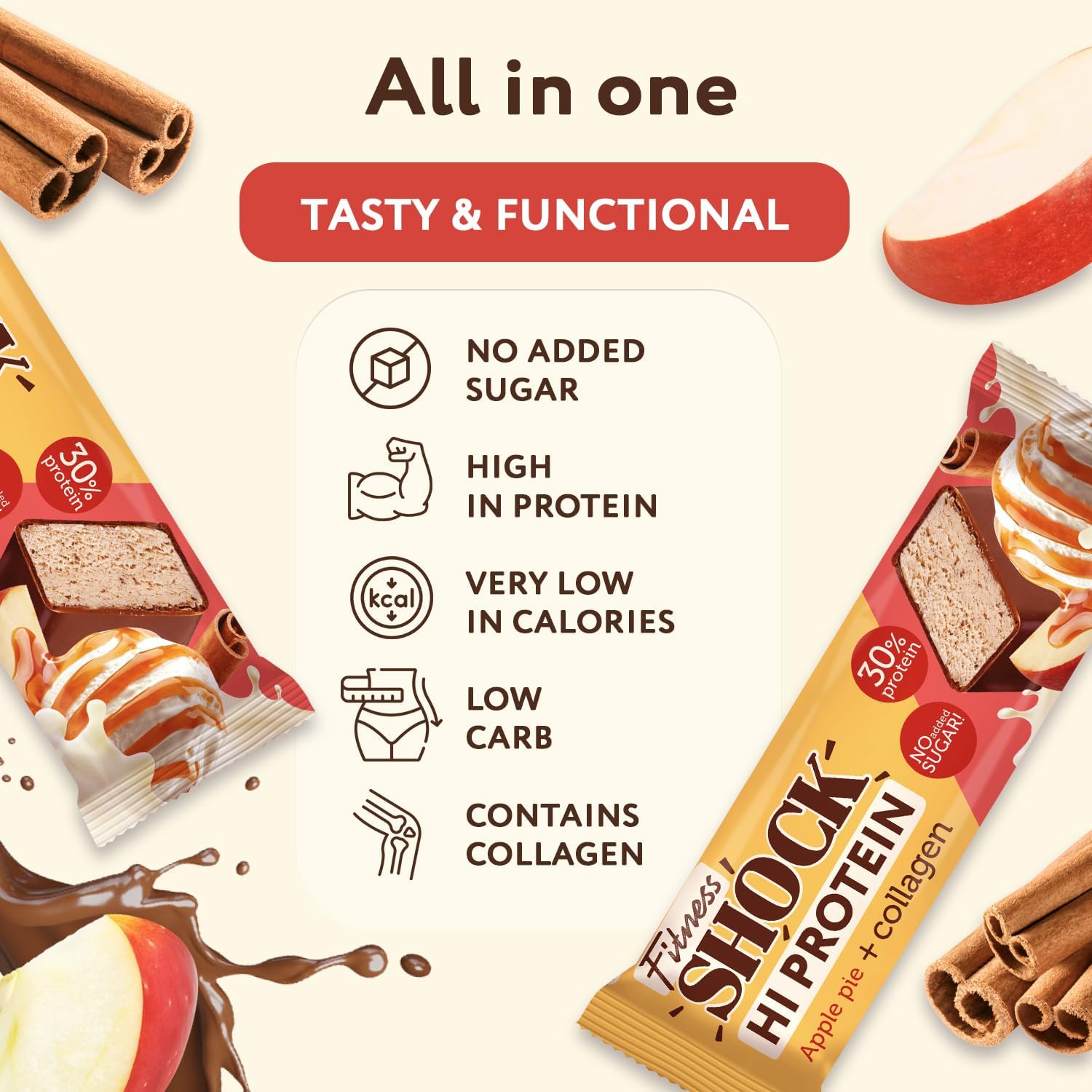 FitnesSHOCK High-Protein Bars - Apple pie & cinnamon, 30% Protein, Low Carb, No Added Sugar, 5g collagen, Fiber-Rich, Low-Calorie, 12x40g-3