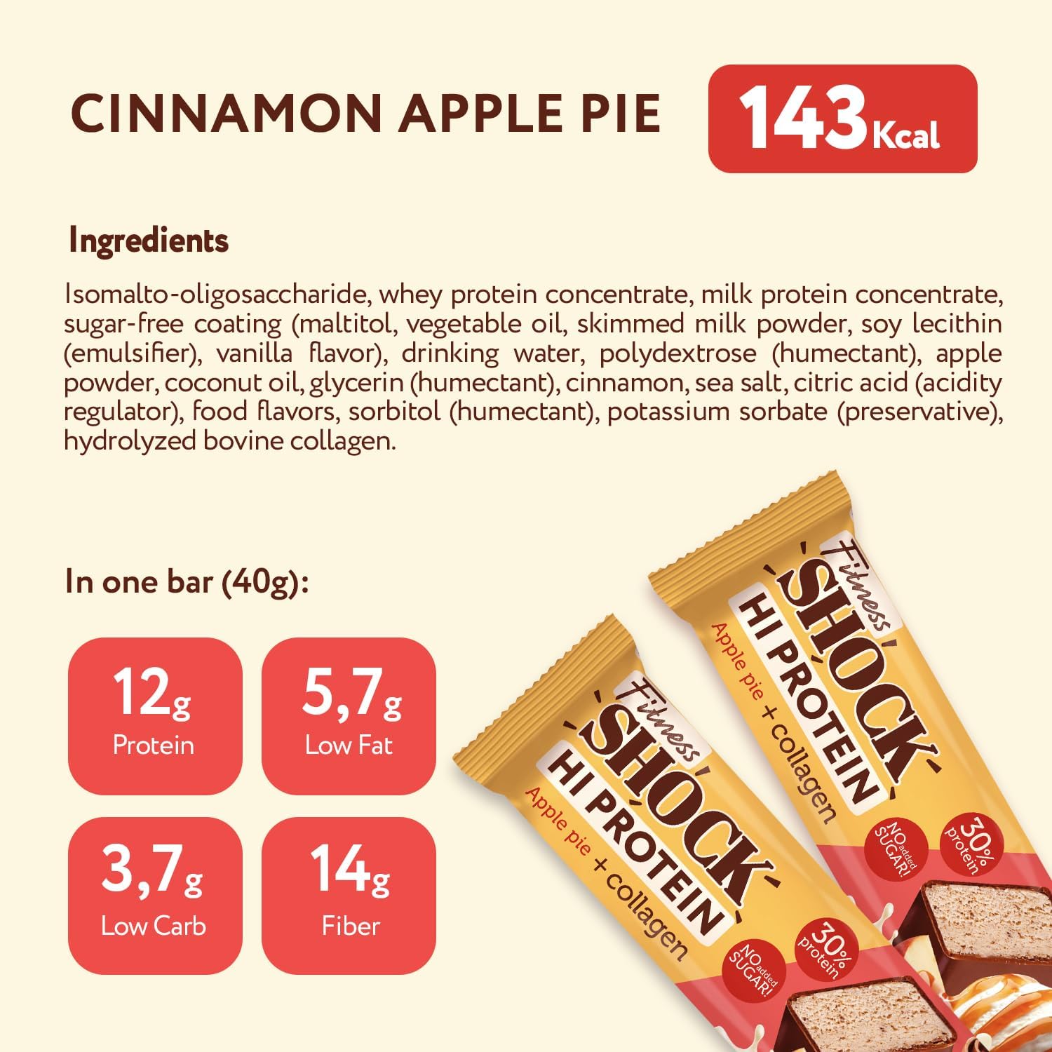 FitnesSHOCK High-Protein Bars - Apple pie & cinnamon, 30% Protein, Low Carb, No Added Sugar, 5g collagen, Fiber-Rich, Low-Calorie, 12x40g-6