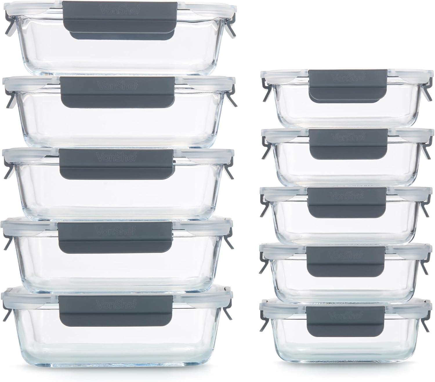 VonShef Glass Containers with Lids - 10 Piece Meal Prep Food Lunch Boxes 1L and 370ml Capacities, Oven and Dishwasher Safe, Airtight Leakproof Seal Great for Batch Cooking-7