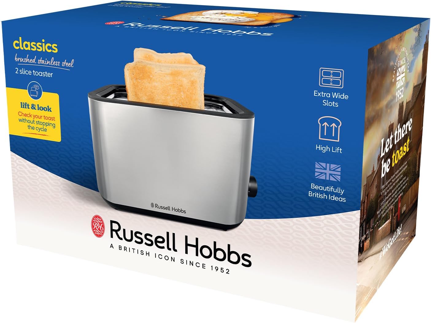 Russell Hobbs Toaster 2 Slice (Extra Wide slots, 6 Browning levels, High-Lift, Frozen, Reheat & Cancel function, Lift & Look, Removable crumb tray, Brushed stainless steel) Classics 27390-7