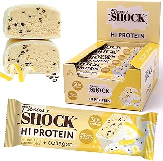 FitnesSHOCK High-Protein Bars - Lemon Chia Pannacotta, 30% Protein, Low Carb, No Added Sugar, 5g collagen, Fiber-Rich, Low-Calorie, 12x40g