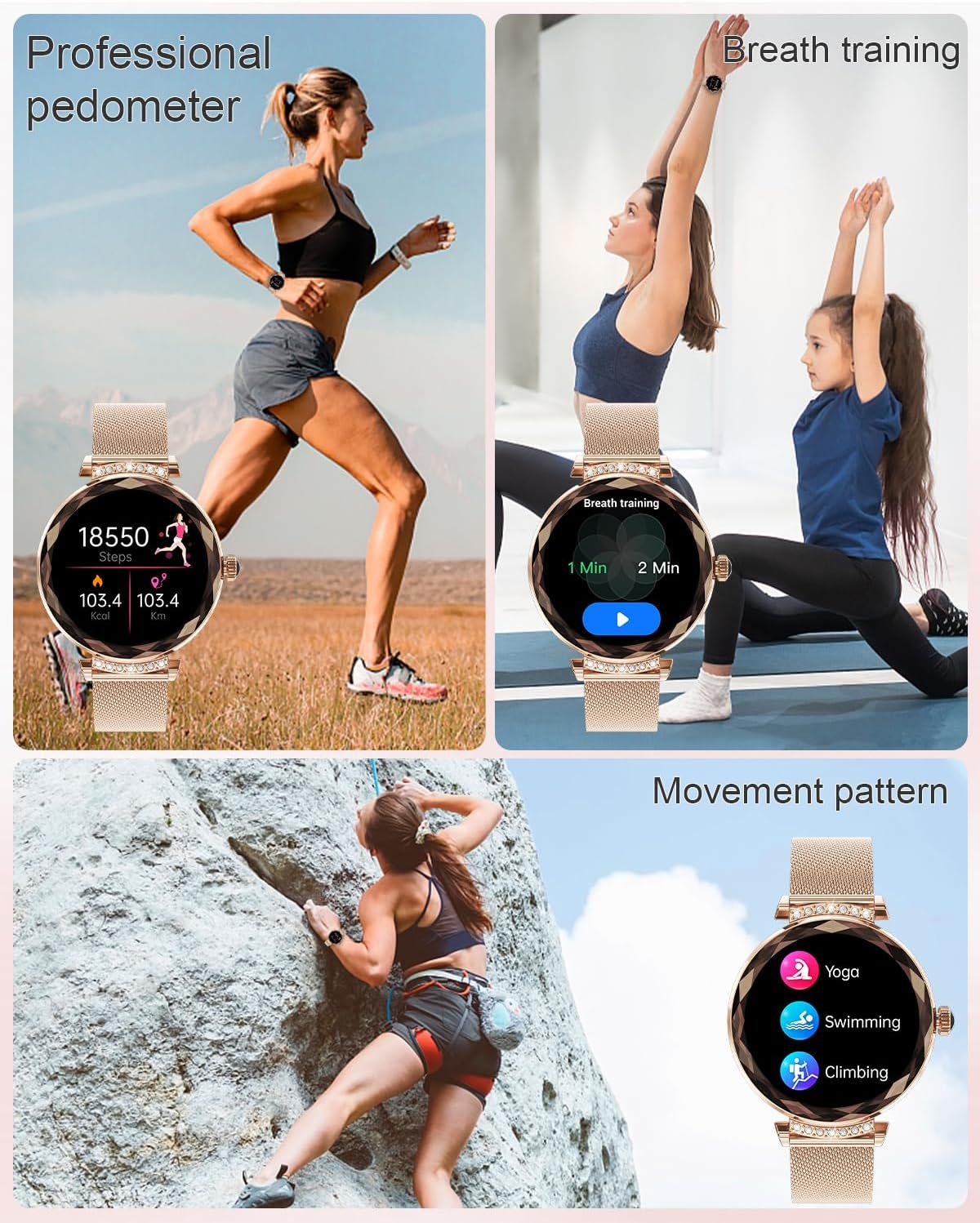 Smart Watches for Women,1.19" AMOLED Women Smart Watch With Bluetooth Call,100+ Sports Modes,Heart Rate/Blood Pressure/SpO2 Monitor,IP68 Waterproof,Fitness Tracker,Smartwatch for Android/iOS Rose Gold-2