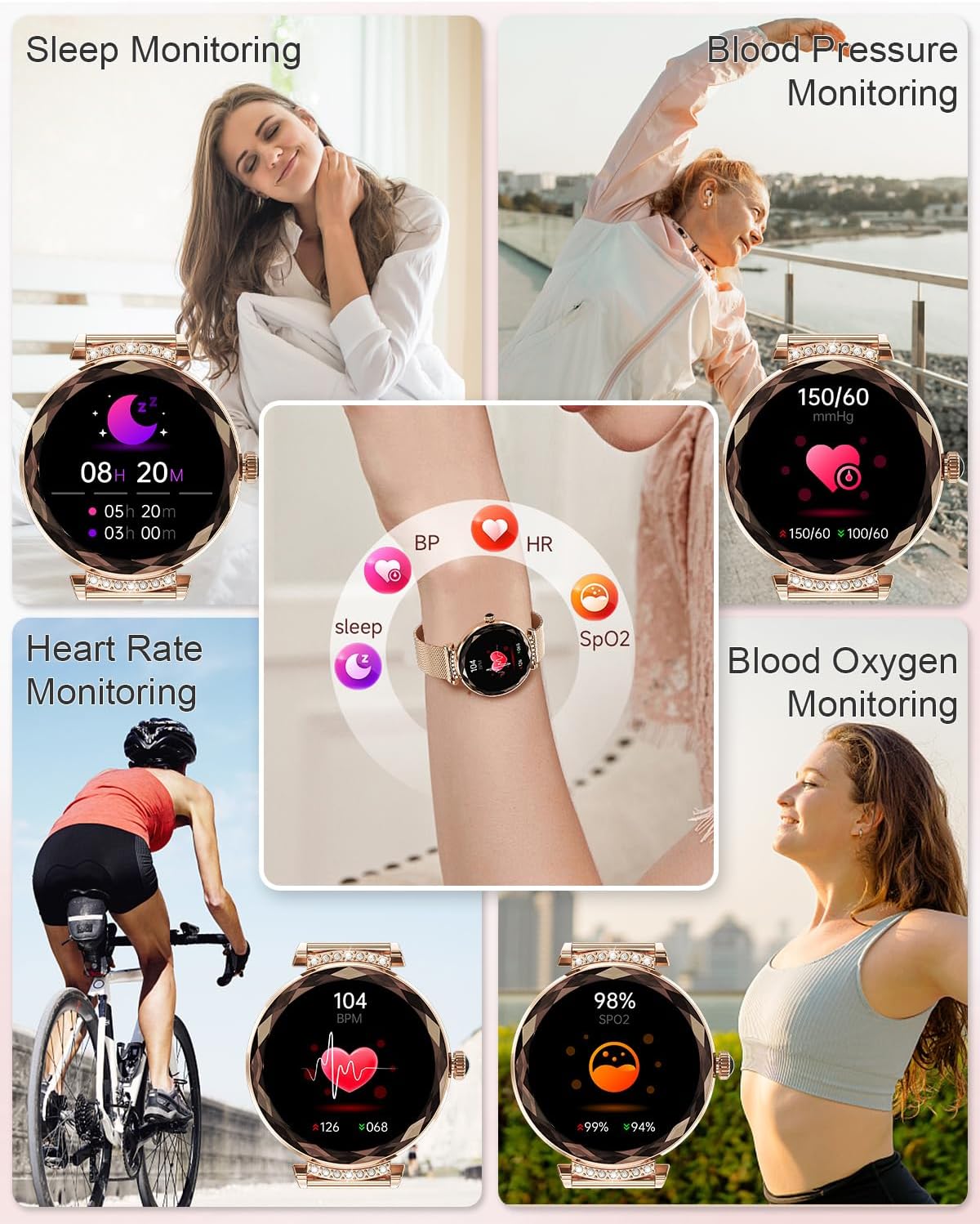 Smart Watches for Women,1.19" AMOLED Women Smart Watch With Bluetooth Call,100+ Sports Modes,Heart Rate/Blood Pressure/SpO2 Monitor,IP68 Waterproof,Fitness Tracker,Smartwatch for Android/iOS Rose Gold-3