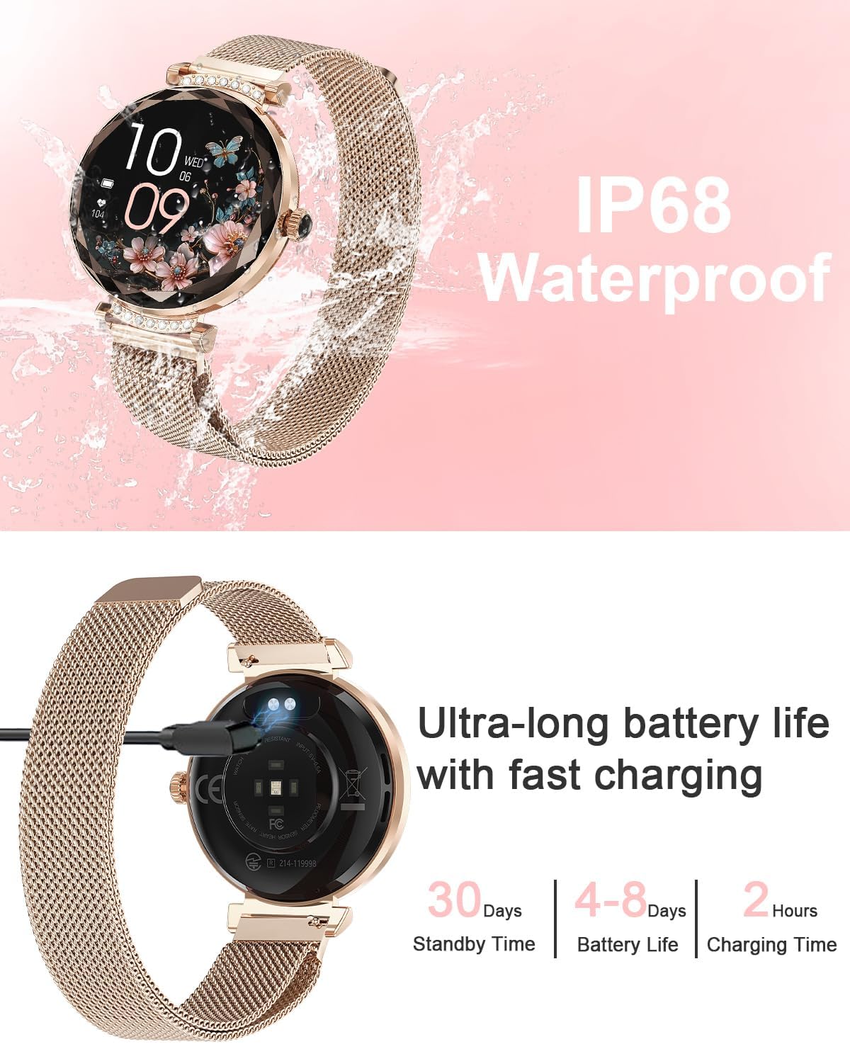 Smart Watches for Women,1.19" AMOLED Women Smart Watch With Bluetooth Call,100+ Sports Modes,Heart Rate/Blood Pressure/SpO2 Monitor,IP68 Waterproof,Fitness Tracker,Smartwatch for Android/iOS Rose Gold-5