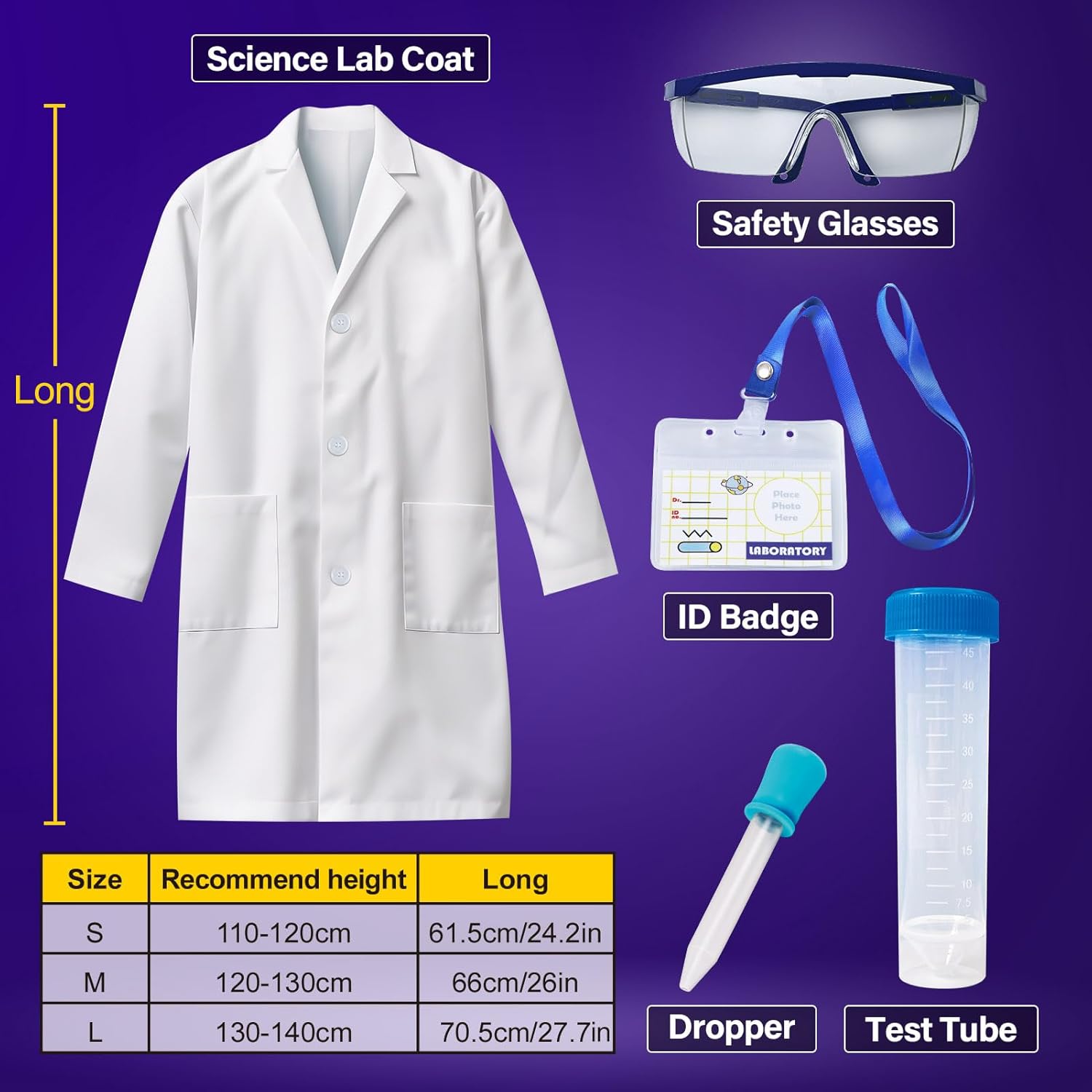 UNGLINGA Lab Coat for Kids Boys Girls Children Doctor Scientist Costume,with Science Goggles ID Card Test Tube for Halloween Pretend Play-1