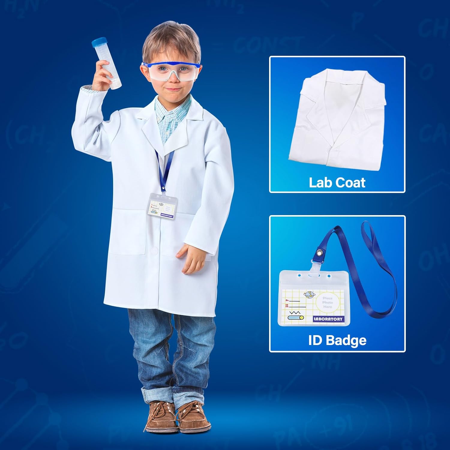 UNGLINGA Lab Coat for Kids Boys Girls Children Doctor Scientist Costume,with Science Goggles ID Card Test Tube for Halloween Pretend Play-3