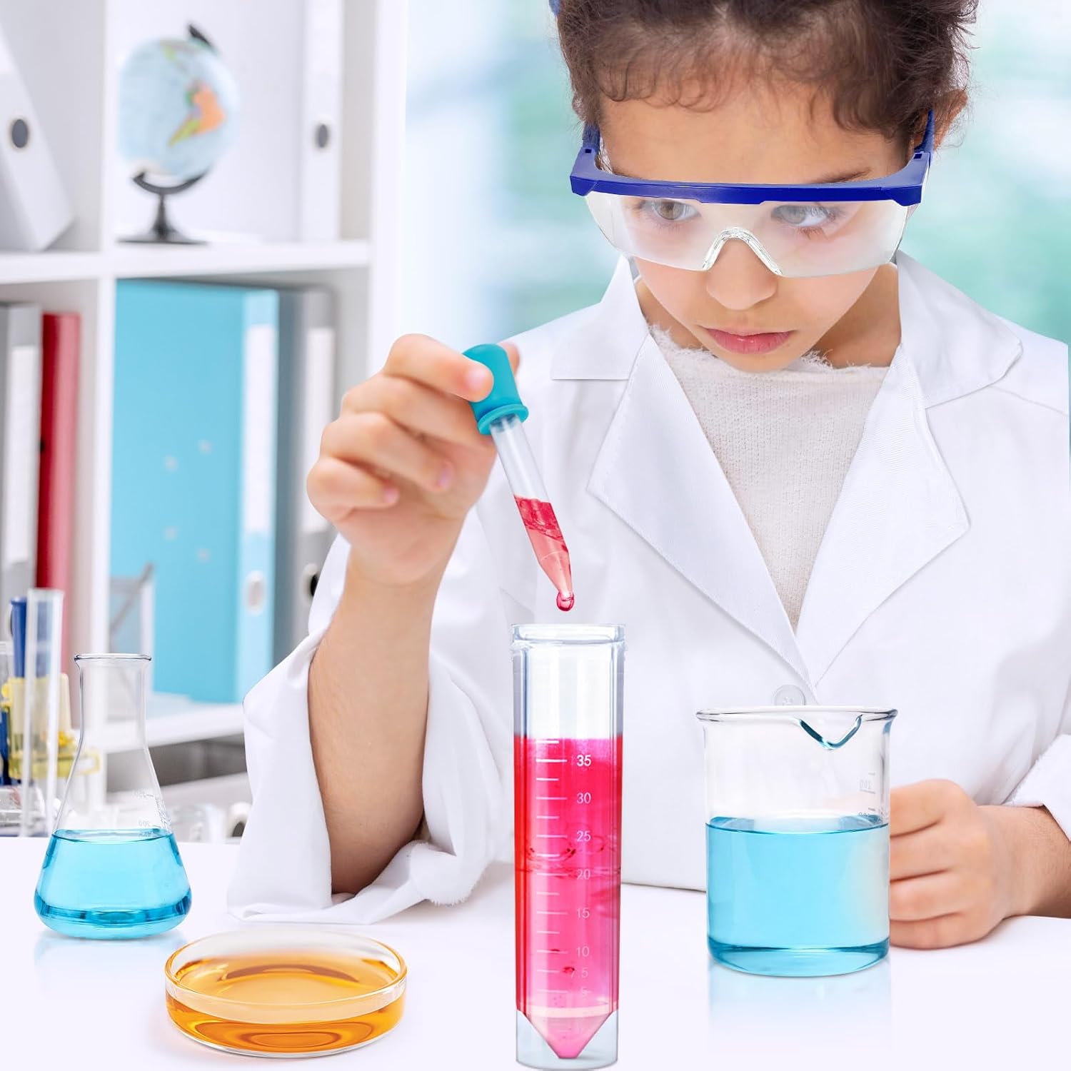 UNGLINGA Lab Coat for Kids Boys Girls Children Doctor Scientist Costume,with Science Goggles ID Card Test Tube for Halloween Pretend Play-5