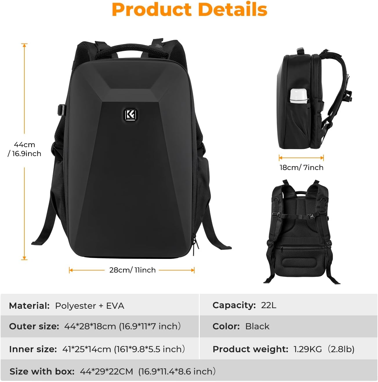 K&F Concept Camera Backpack,Hardshell DSLR Photography Camera Bag with 15-15.6 Inch Laptop Compartment Waterproof Camera Case Compatible for Canon/Nikon/Sony/DJI Mavic Drone (Black-02)-2