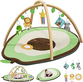 CoziBB Baby Play Mat, Avocado Shape Baby Activity Mat Play Gym with Interactive Sound and Sensory Toys, Tummy Time Mat with Detachable 6 Toys for Newborn, Thicker Non-Slip Baby Floor Play Mat, Gift