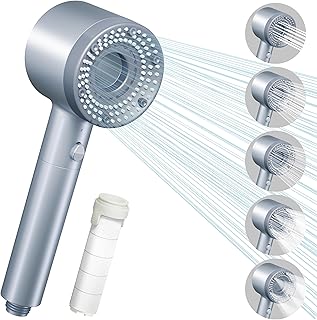 VEHHE Shower Head with 5 Modes, Filter Shower Head with One-Touch Stop, High Pressure Shower Head with Anti-Clogging Silicone Nozzle, Handheld Shower Head(Greyish Blue)