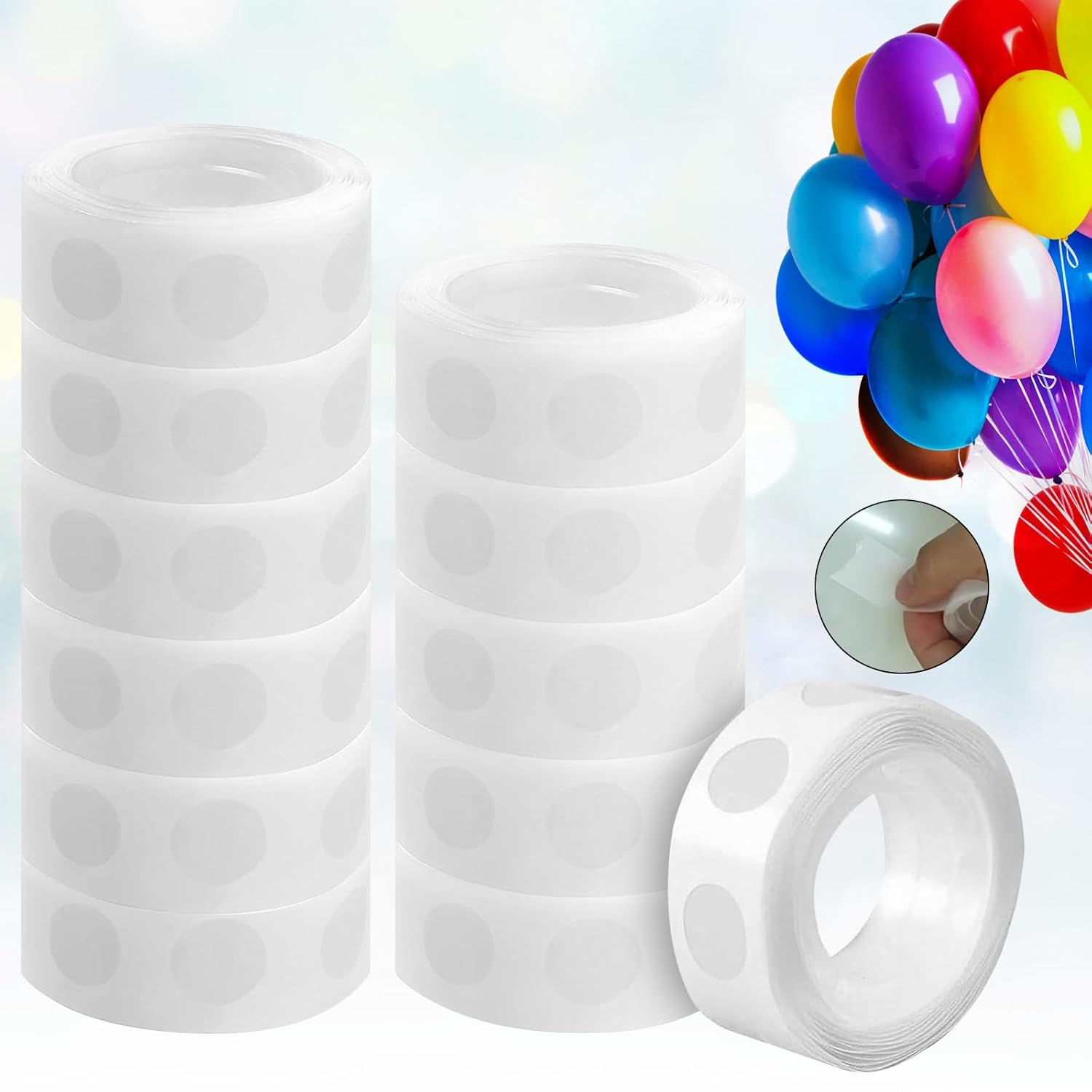 CYZBL 1200Pcs Balloon Glue Dots Double Sided, 12 Rolls Removable Adhesive Point Tape, Transparent Adhesive Sticky Dot Tapes Points, Extra Strong Glue Dots Double Sided for Birthdays Wedding Parties-0