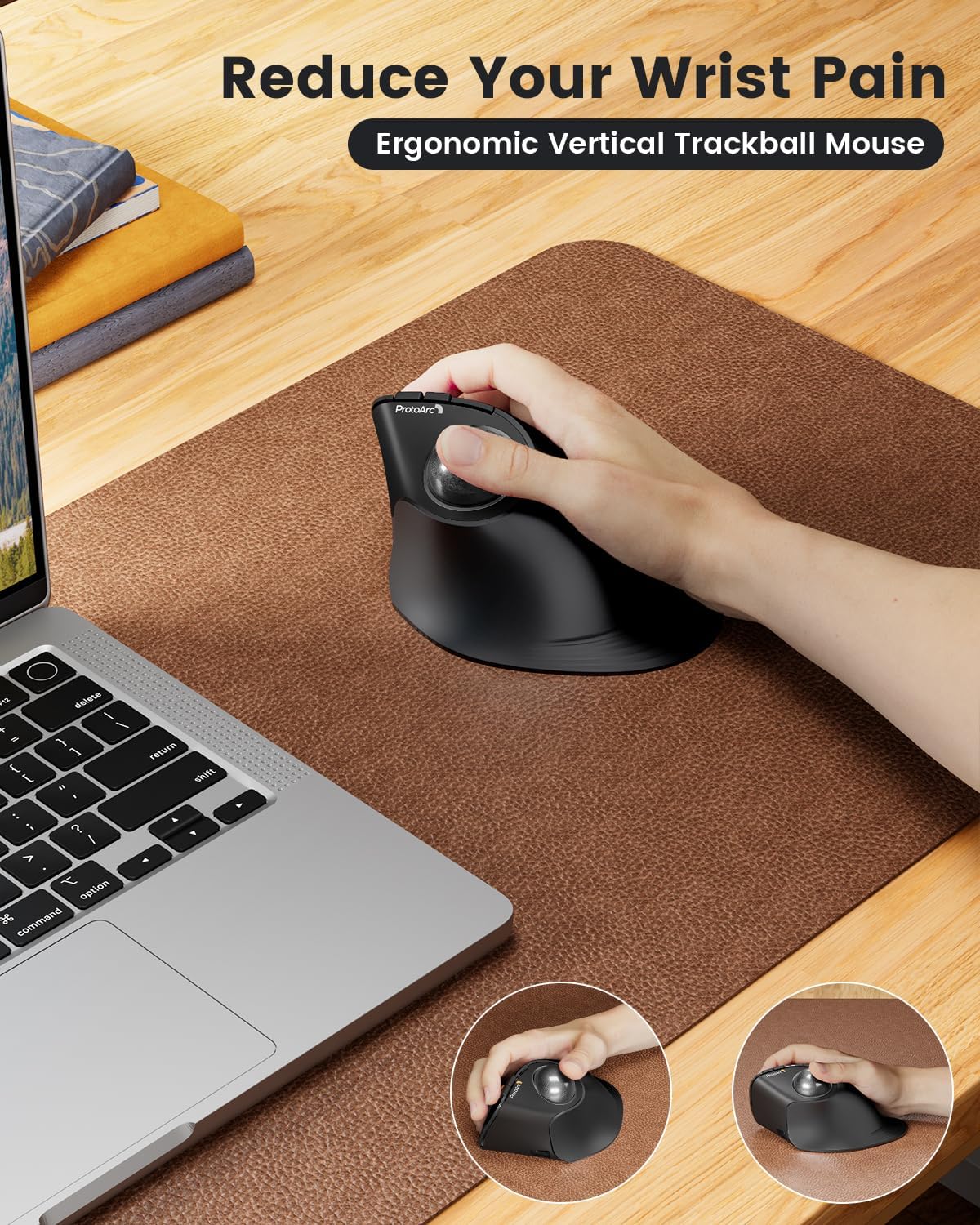 ProtoArc Vertical Wireless Trackball Mouse, EM05 Bluetooth Ergonomic Rollerball Mouse Rechargeable Computer Laptop Thumb Mouse, 3 Device Connection, Compatible with iPad, Mac, Windows PC-1