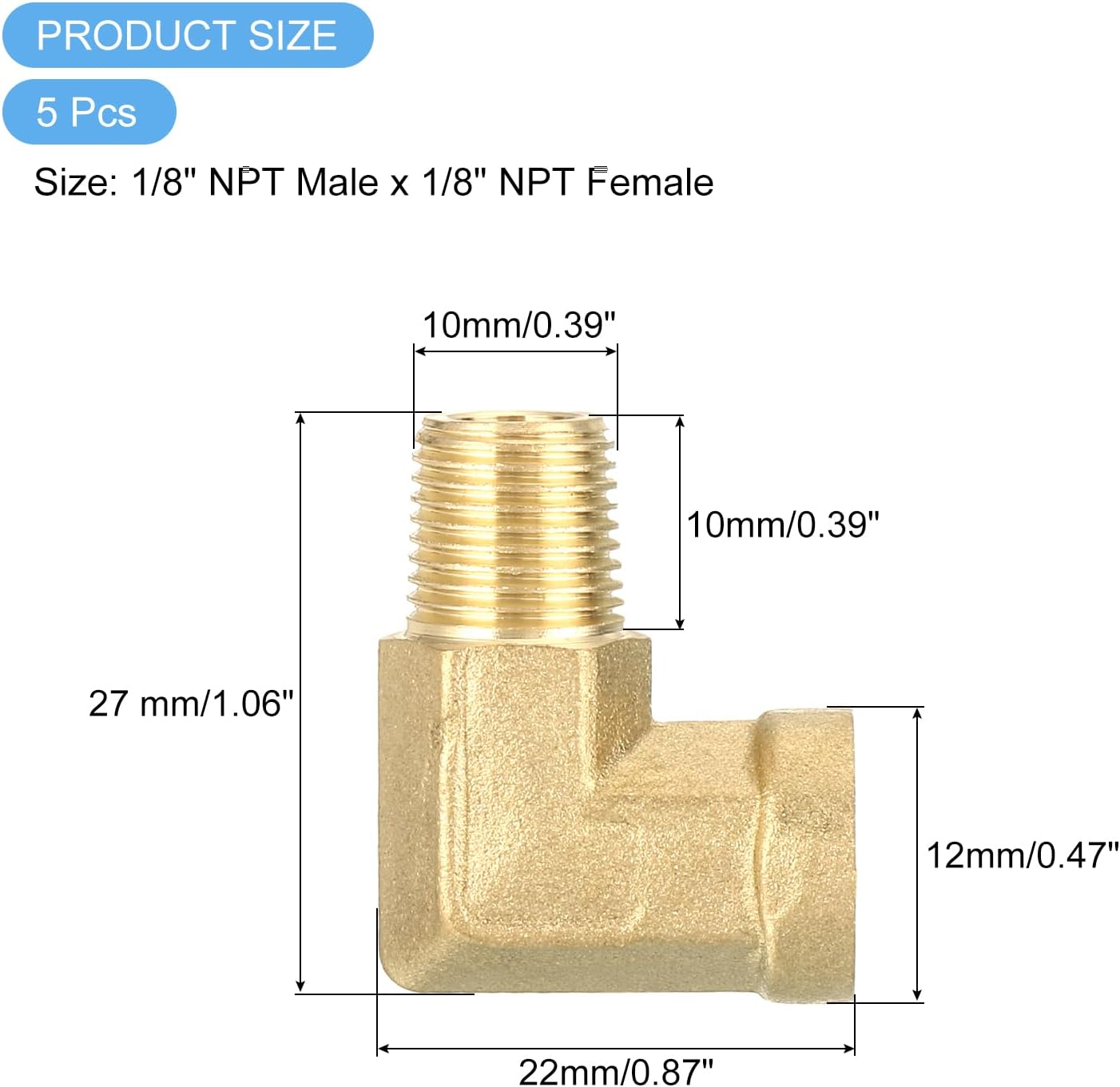 sourcing map Brass Pipe Fitting 90 Degree Street Elbow Brass 1/8" NPT Pipe Connector for Gas, Air, Oil, Propane, 2pcs-1