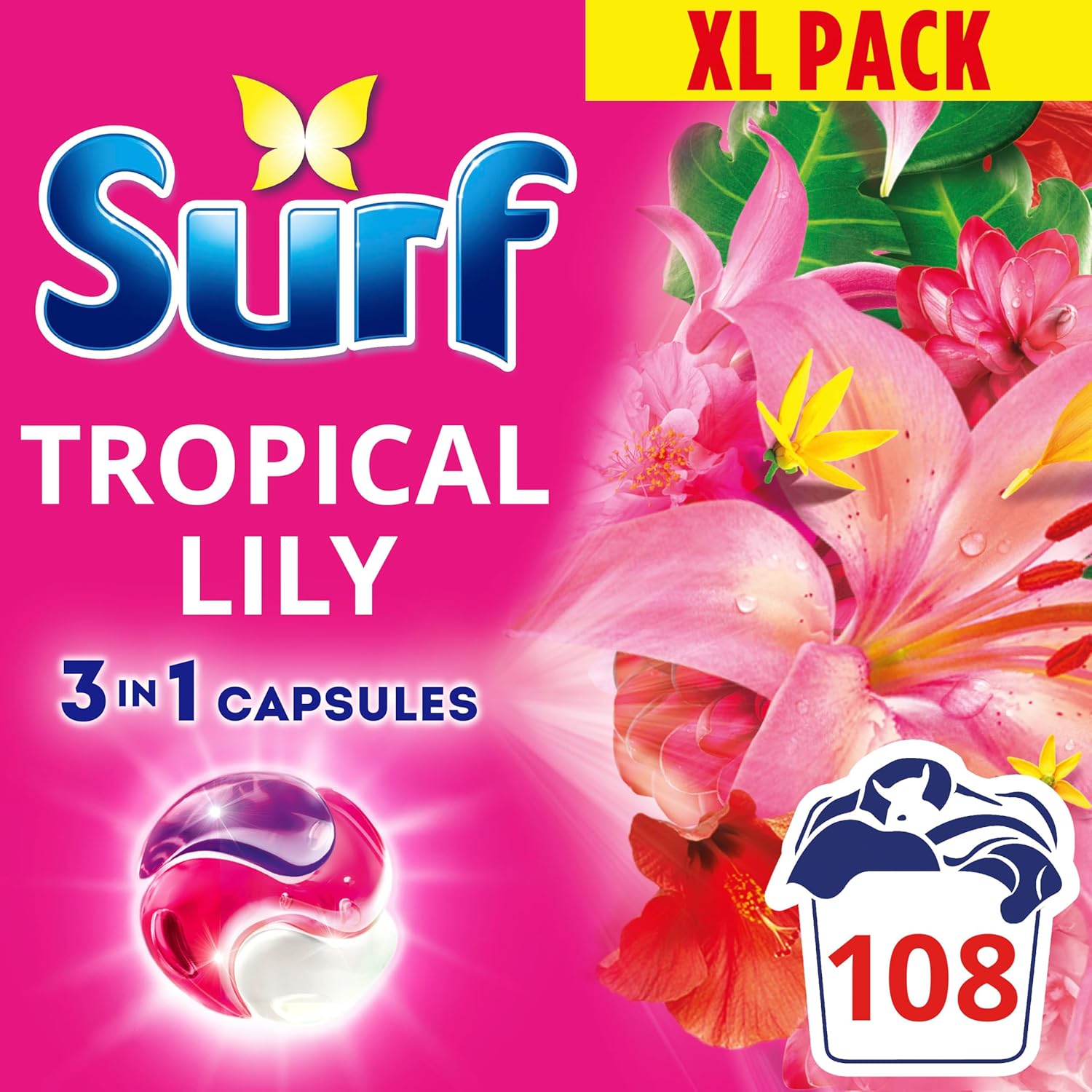 Surf 3 in 1 Tropical Lily Laundry Washing Detergent Capsules joy-infused fragrance with natural essential oils lasting up to 12 hours in wear for brilliantly clean results 108 washes (3x 36 capsules)-0