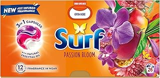 Surf 3 in 1 Passion Bloom Laundry Washing Detergent Capsules 78 washes (3x 26 capsules) joy-infused fragrance with natural essential oil lasting up to 12 hours in wear for brilliantly clean results