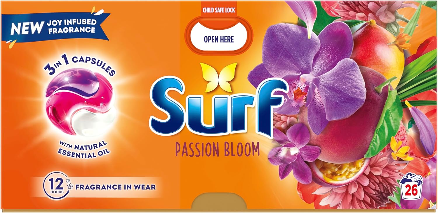 Surf 3 in 1 Passion Bloom Laundry Washing Detergent Capsules 78 washes (3x 26 capsules) joy-infused fragrance with natural essential oil lasting up to 12 hours in wear for brilliantly clean results-0