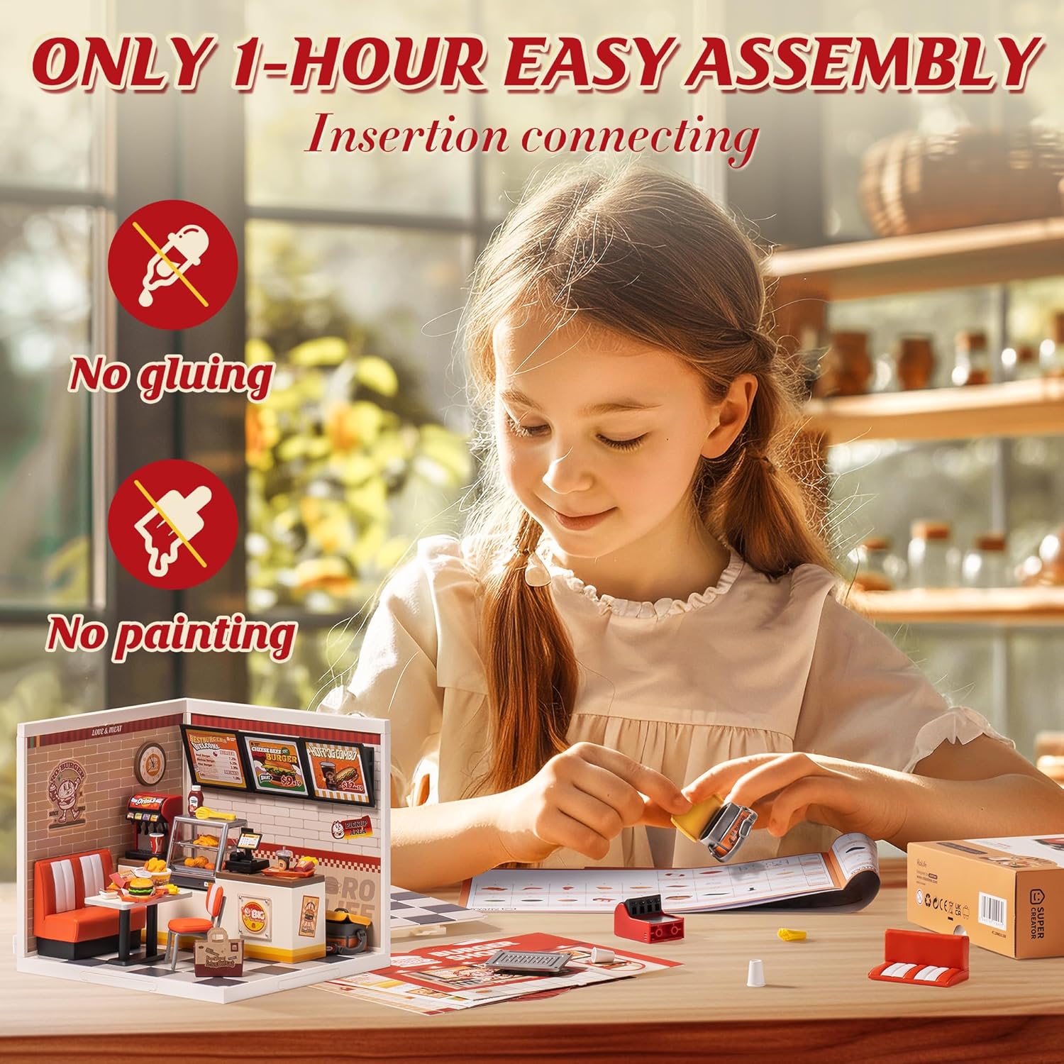 Rolife DIY Miniature House Kits Super World Series Dollhouse Model Kits with Accessories Hobbies of Women Christmas Birthday Gift for Kids and Adults (Yum Yum Burgers)-4