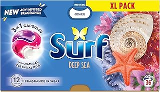 Surf 3 in 1 Deep Sea Laundry Washing Detergent Capsules 108 washes (3x 36 capsules) joy-infused fragrance with natural essential oils lasting up to 12 hours in wear for brilliantly clean results