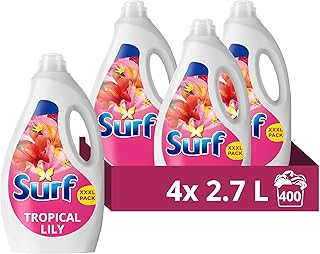 Surf Tropical Lily Laundry Washing Liquid with a joy-infused fragrance with natural essential oils lasting up to 12 hours in wear Detergent for brilliantly clean results 400 washes (4x 2.7 L)