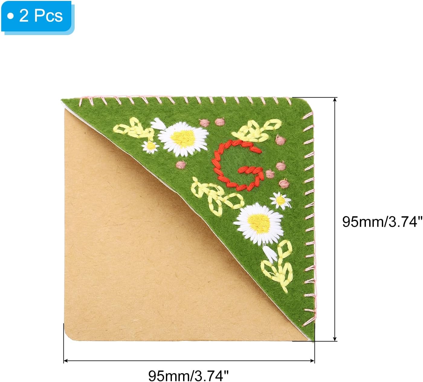 PATIKIL 2pcs Corner Bookmark, Letter Book Mark Personalized Embroidered Bookmark Cute Letter Book Mark Flower Felt Triangle for Reading Women Men Book Lovers Gift Teacher, Green, Letter G-1