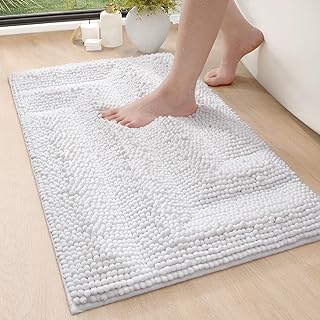 DEXI Chenille Bath Mat 50 x 80 cm, Non Slip Bath Mats for Inside Bath, Super Absorbent and Washable Bathroom Mat, Soft Fluffy Bath Rug for Bathroom, Bathtub, Shower, White