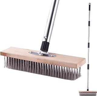 Wire Broom Deck Scrub Brush with 60" Long Handle, Stainless Steel Stiff Bristle Floor Scrubber for Cleaning Moss, Tough Stains on Concrete Grout Garden Garage Patio Swimming Pool