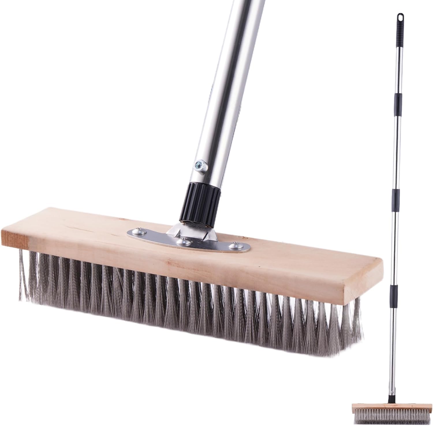 Wire Broom Deck Scrub Brush with 60" Long Handle, Stainless Steel Stiff Bristle Floor Scrubber for Cleaning Moss, Tough Stains on Concrete Grout Garden Garage Patio Swimming Pool-0