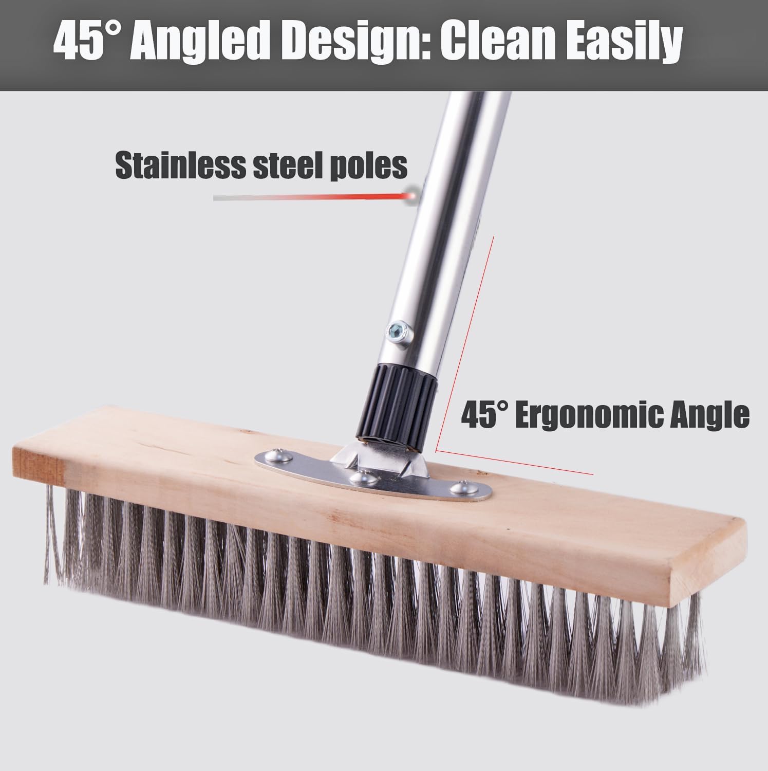 Wire Broom Deck Scrub Brush with 60" Long Handle, Stainless Steel Stiff Bristle Floor Scrubber for Cleaning Moss, Tough Stains on Concrete Grout Garden Garage Patio Swimming Pool-2