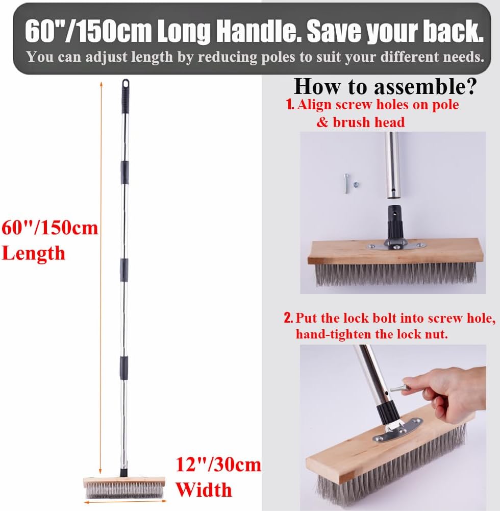 Wire Broom Deck Scrub Brush with 60" Long Handle, Stainless Steel Stiff Bristle Floor Scrubber for Cleaning Moss, Tough Stains on Concrete Grout Garden Garage Patio Swimming Pool-4