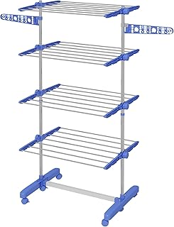 HOMCOM 4-Tier Clothes Airer, Foldable Clothes Drying Rack, Stainless Steel Indoor and Outdoor Clothes Dryer with Wheels and Wings, Easy Assembly, 142 x 55 x 172cm, Blue